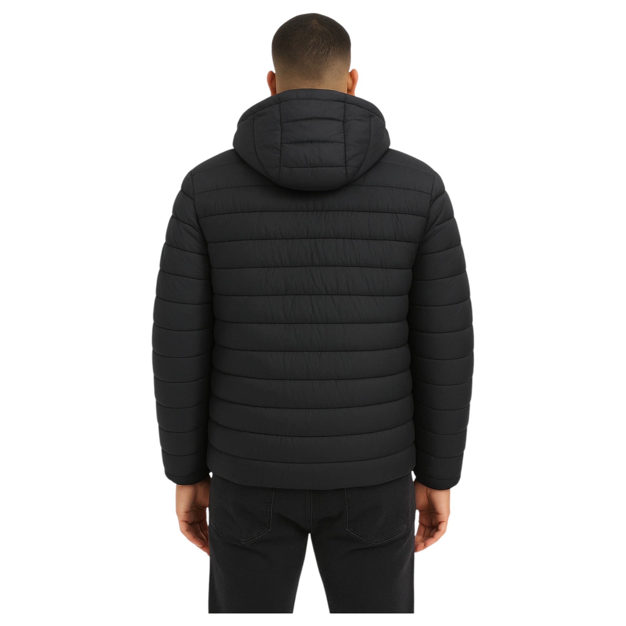 JDN men’s black puffer coat with detachable hood and zip pockets UK winter jacket